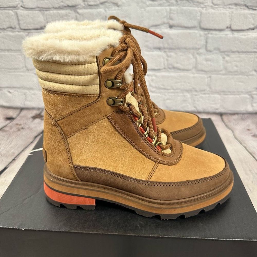 Sorel Women’s Lennox Lace Up Cozy Stacked Boot Waterproof Faux Fur Tan & Red NEW - Picture 5 of 8